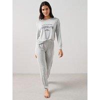 The Very Collection Embroidered Slogan Long Sleeve Top And Jogger Pyjama Set - Grey