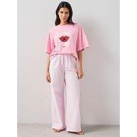 The Very Collection Love And Kisses Oversized Cotton Tshirt And Woven Stripe Bottom Pyjama Set - Pink