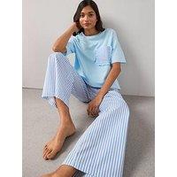 The Very Collection Short Sleeve Contrast Pocket T-Shirt And Stripe Bottom Pyjama Set - Blue