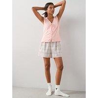 The Very Collection Tie Front Jersey Vest And Check Short Pyjama Set - Pink