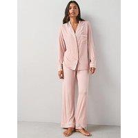 The Very Collection Lace Trim Jersey Revere Pyjama Set With Matching Scrunchie - Pink