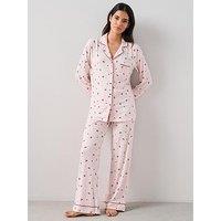 The Very Collection Ribbed Cherry And Heart Print Jersey Revere Pyjama Set - Pink