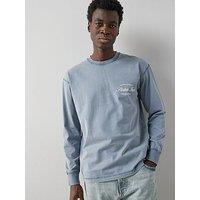 The Very Collection Pure Cotton Washed Embroidery Detail Graphic Long Sleeve T-Shirt - Blue