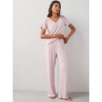 The Very Collection Pointelle Short Sleeve Henley And Wide Leg Pyjama Set - Pink