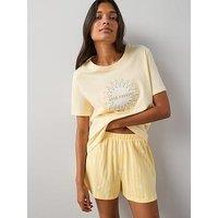 The Very Collection Short Sleeve Sun Print T-Shirt And Stripe Short Pyjama Set - Lemon