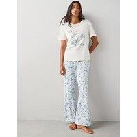 The Very Collection Floral Graphic Short Sleeve T-Shirt And Wide Leg Pyjama Set - Blue