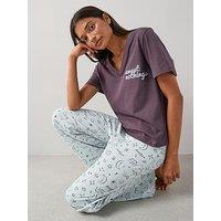 The Very Collection V Neck Sweet Nothing T-Shirt And Moon Print Wide Leg Bottom Pyjama Set - Blue