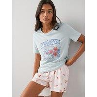 The Very Collection Strawberry Print Short Sleeve Tshirt And Short Pyjama Set - Blue