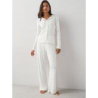 The Very Collection Pointelle Strawberry Print Button Through Top And Wide Leg Pyjama Set - White