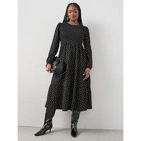 The Very Collection Curve Shirred Bust Stretch Polka Dot Midi Dress - Print