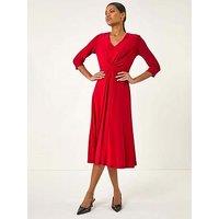 Roman Stretch Crossover Midi Dress - Red