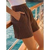 Roman Textured Elastic Waist Woven Shorts - Brown