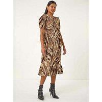 Roman Abstract Print Tie Front Smock Dress - Beige