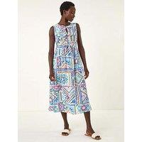 Roman Tile Print Bow Front Midi Dress - Blue