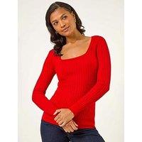 Roman Square Neck Ribbed Knit Jumper - Red