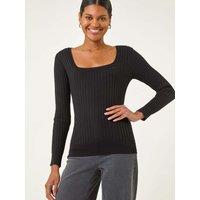 Roman Square Neck Ribbed Knit Jumper - Black
