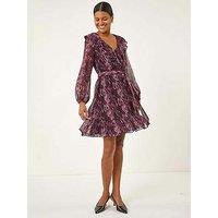 Roman Animal Print Frill V-Neck Dress - Pink