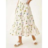 Roman Petite Floral Print Shirred Midi Skirt - White