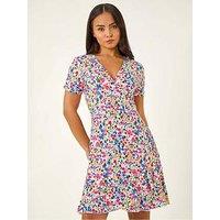 Roman Petite Floral Frill Wrap Dress - Blue