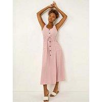 Roman Buttoned Tie Waist Midi Dress - Pink
