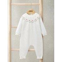 Mamas & Papas Baby Girls Knitted Embroidered Scallop Collar Romper With Frill Trim - White