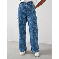 The Very Collection Floral Print Wide Leg Jeans - Mid Wash