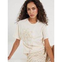 River Island Short Sleeve Crochet Diamante Trim T-Shirt - White