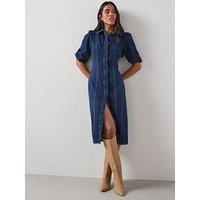 The Very Collection Denim Puff Sleeve Midi Dress - Dark Wash