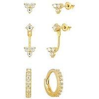 The Love Collection Gold Plated Sterling Silver Cz Ear Jacket, Hoop And Stud Set Of 3