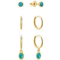 The Love Collection Gold Plated Sterling Silver Turquoise Dropper Hoops And Stud Set Of 3