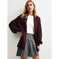 New Look Burgundy Stitch Knit Balloon Sleeve Cardigan - Red