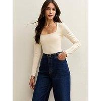 New Look Slinky Square Neck Long Sleeve Bodysuit - Cream