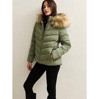 New Look Hooded Faux Fur Trim Padded Jacket - Green
