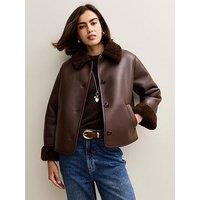 New Look Faux Leather Borg Trim Jacket - Dark Brown
