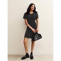 New Look Crinkled Jersey Spot Short Sleeve Mini Dress - Black
