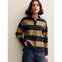 New Look Striped Compact Knit Button Up Polo Top - Green