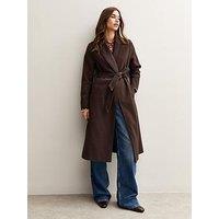 New Look Unlined Longline Belted Coat - Dark Brown