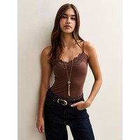 New Look Brown Ribbed Jersey Lace Trim Bodysuit