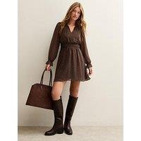 New Look Chiffon Spot Print Chiffon Mini Dress - Brown