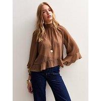 New Look Peta Plain Ruffle Chiff Blouse - Brown