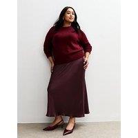 New Look Curves Satin Bias Cut Midi Skirt - Burgundy