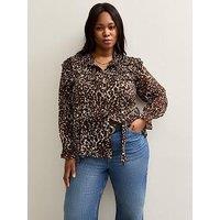 New Look Curves Brown Animal Print Ruffle Trim Tie Neck Blouse