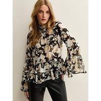 New Look Floral Print Chiffon High Neck Blouse - Black