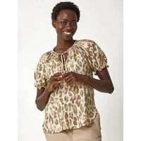 Roman Animal Print Tie Neck Top - Taupe
