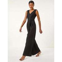 Roman Pleated Wide Leg Stretch Jumpsuit - Black