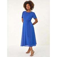 Roman Pleat Chiffon Belted Midi Dress - Blue