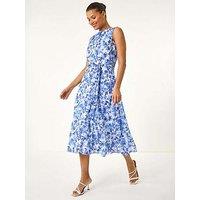 Roman Floral Print Pleat Neck Midi Dress - Blue
