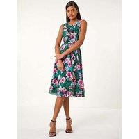 Roman Floral Print Chiffon Cowl Neck Dress - Black