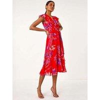 Roman Floral Print Ruffle Wrap Front Midi Dress - Red