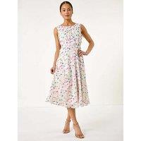 Roman Petite Abstract Print Pleated Midi Dress - Ivory